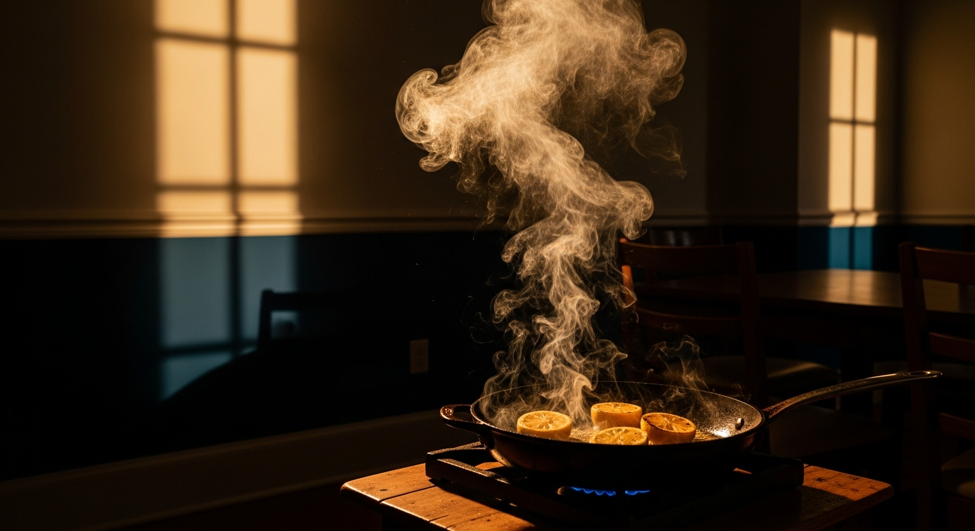 A photorealistic, close-up culinary shot of halved Meyer lemons blistering face-down in a heavy, blackened carbon steel skillet over an open blue flame. Plumes of fragrant, dynamic smoke rise into the warm, dimly lit kitchen air. Deep, dramatic chiaroscuro lighting, rich amber and charcoal tones, natural organic shadows capturing the visceral heat and texture of the pan.