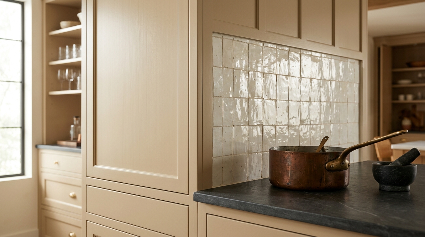 Cream & Ochre Kitchen Paint Color The 18th-Century Paint Color Secretly Saving Vancouver K... Craftsman Painter A photorealistic, high-end architectural close-up of a kitchen corner prep zone. Cabinetry in Benjamin Moore Palace Tan meets a textured, handmade zellige tile backsplash in a soft, creamy historic white. A heavy copper pot sits on a dark, honed slate countertop. Diffused, overcast Pacific Northwest daylight casts soft, directional shadows across the scene, emphasizing the rich, historic warmth of the tan paint against the cooler, reflective organic materials. — See the full color palette, project breakdown, and design details from our case study in Vancouver, WA on the Craftsman Painter blog.