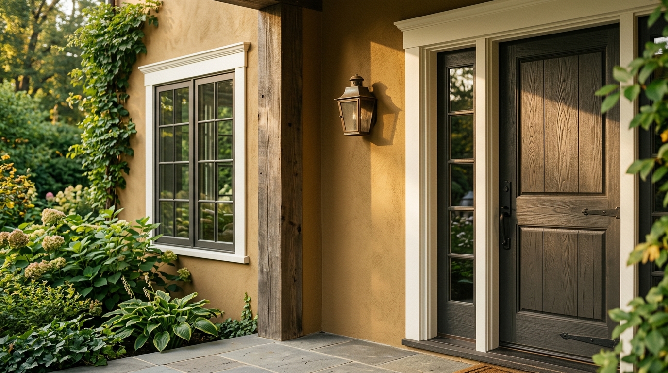 Iron Ore & Alabaster Exterior Paint Color The One Unexpected Paint Color Transforming Rale... Craftsman Painter A close-up, high-end architectural vignette of a garden porch corner. The main wall is Sherwin-Williams Edgy Gold , featuring rich, muddy ochre tones. A heavy wooden door and window sash are painted in Sherwin-Williams Iron Ore . The trim is Sherwin-Williams Alabaster . Natural golden hour sunlight grazes the textured wood grain. A single weathered bronze wall sconce casts a soft, realistic shadow. Photorealistic, editorial design magazine style. — See the full color palette, project breakdown, and design details from our case study in Raleigh, NC on the Craftsman Painter blog.